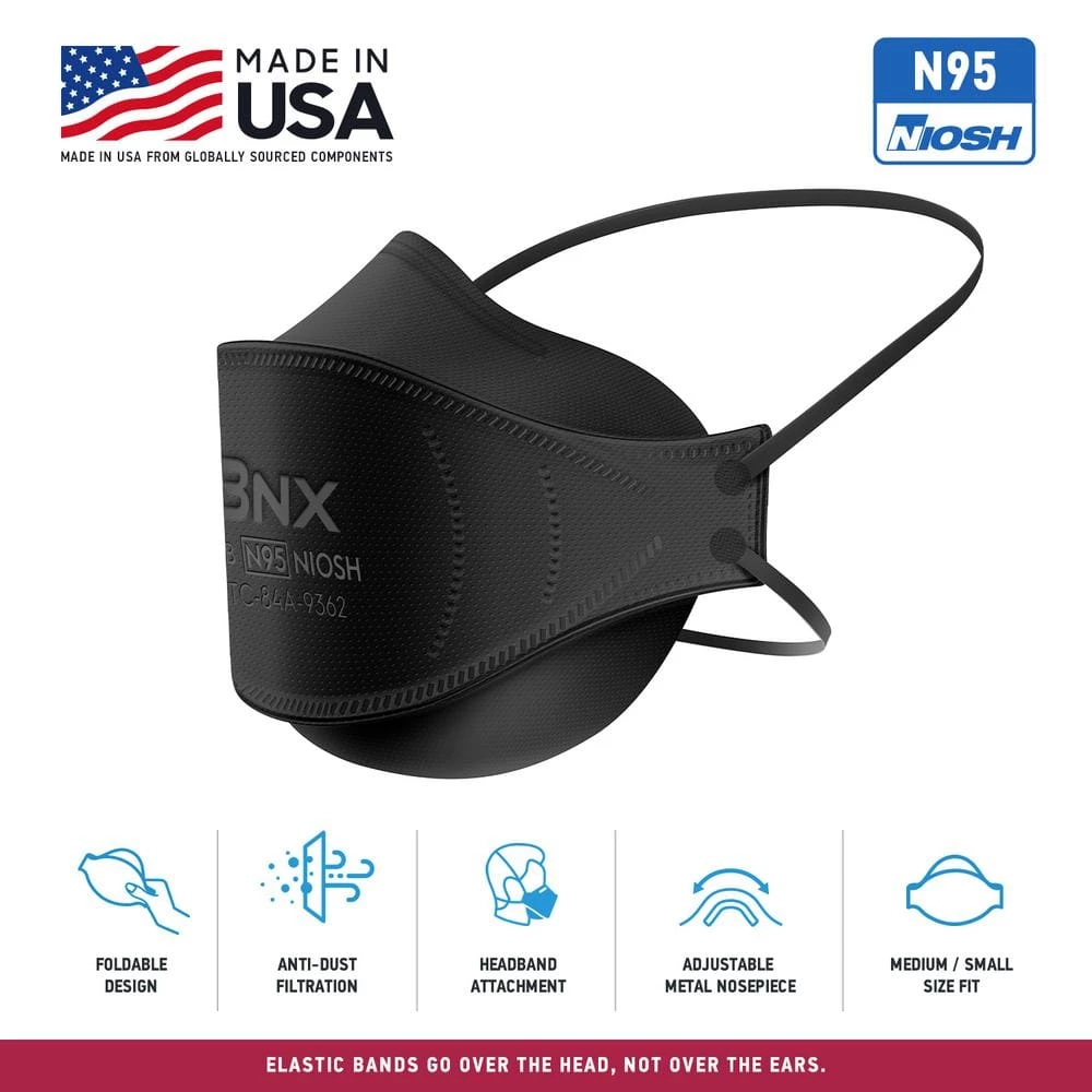 BNX N95 F95 Protective Face Mask, Particulate Respirator, NIOSH Approval Tri-Fold Cup/Fish Style in Black (20-Pack) 6 BNX N95 F95 Protective Face Mask, Particulate Respirator, NIOSH Approval Tri-Fold Cup/Fish Style in Black (20-Pack) - Image 6