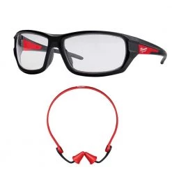 Milwaukee Performance Safety Glasses with Clear Fog-Free Lenses and Banded Reusable Red Earplugs with 25 dB Noise Reduction Rating