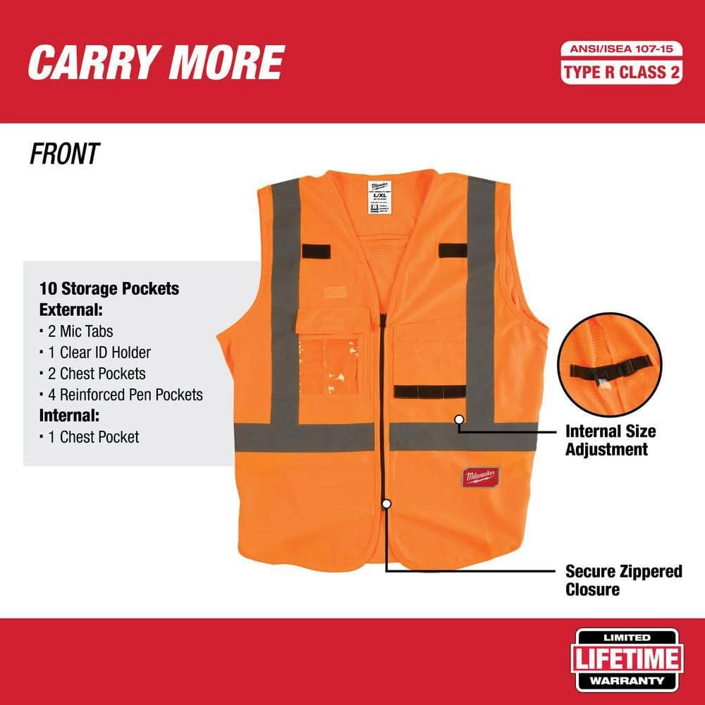 Milwaukee 4X-Large/5X-Large Orange Class 2-High Visibility Safety Vest with 10-Pockets (4-Pack) 2 Milwaukee 4X-Large/5X-Large Orange Class 2-High Visibility Safety Vest with 10-Pockets (4-Pack) - Image 2