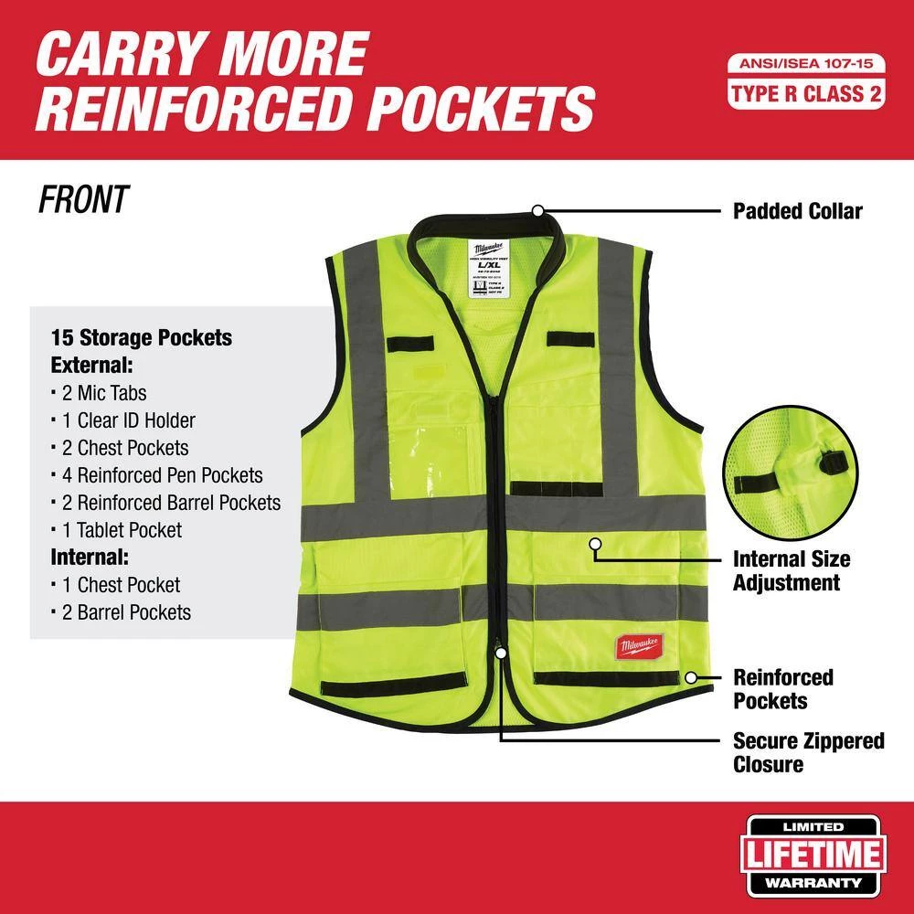 Milwaukee Performance Large/X-Large Yellow Class 2 High Visibility Safety Vest with 15 Pockets (12-Pack) 2 Milwaukee Performance Large/X-Large Yellow Class 2 High Visibility Safety Vest with 15 Pockets (12-Pack) - Image 2