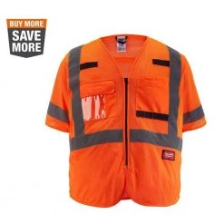 Milwaukee Small/Medium Orange Class 3 Mesh High Visibility Safety Vest with 9-Pockets and Sleeves