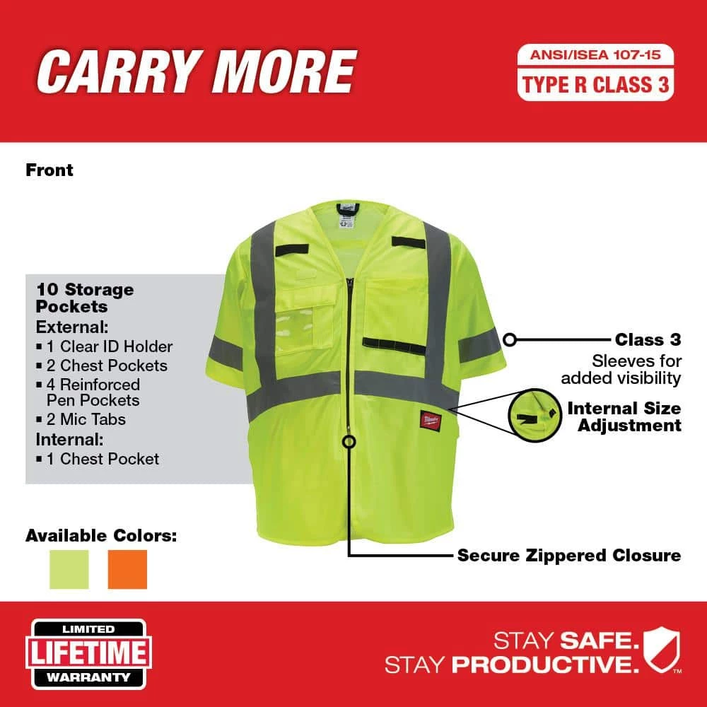 Milwaukee Small/Medium Yellow Class 3 High Visibility Safety Vest with 10-Pockets and Sleeves 3 Milwaukee Small/Medium Yellow Class 3 High Visibility Safety Vest with 10-Pockets and Sleeves - Image 3