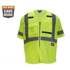 Milwaukee 2X-Large/3X-Large Yellow Class 3 High Visibility Safety Vest with 10-Pockets and Sleeves
