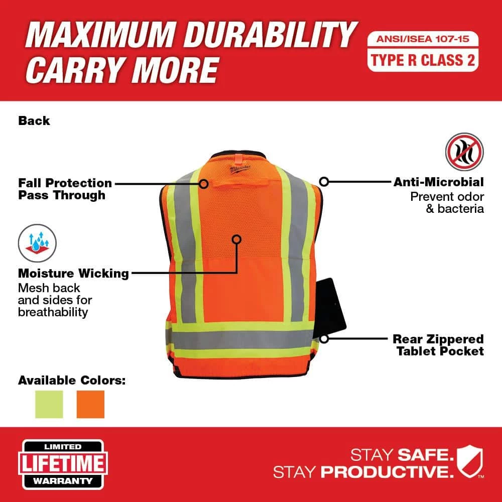 Milwaukee 4X-Large/5X-Large Orange Class-2 Surveyor's High Visibility Safety Vest with 27-Pockets 5 Milwaukee 4X-Large/5X-Large Orange Class-2 Surveyor's High Visibility Safety Vest with 27-Pockets - Image 5