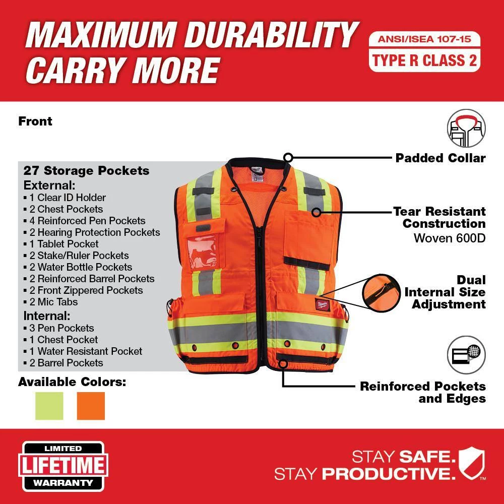 Milwaukee 4X-Large/5X-Large Orange Class-2 Surveyor's High Visibility Safety Vest with 27-Pockets 4 Milwaukee 4X-Large/5X-Large Orange Class-2 Surveyor's High Visibility Safety Vest with 27-Pockets - Image 4