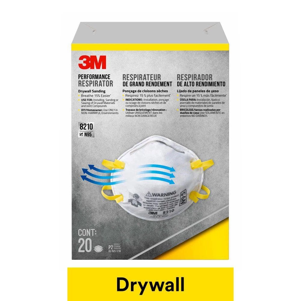 3M 8210 N95 Drywall Sanding Disposable Respirator (20-Pack) 1 3M 8210 N95 Drywall Sanding Disposable Respirator (20-Pack)