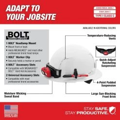 Milwaukee BOLT White Type 1 Class C Full Brim Vented Hard Hat with 4 Point Ratcheting Suspension -Safety Equipment Sales white milwaukee hard hats 48 73 1201 40 1000